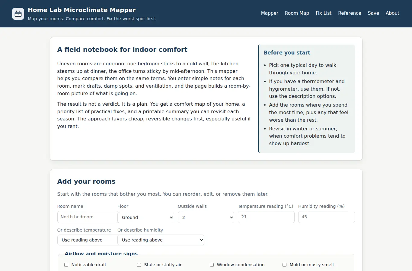 Screenshot of Home Lab Microclimate Mapper interface showing the project page in use